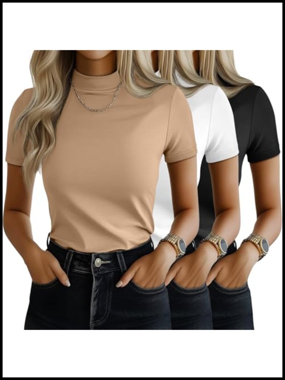 3 Pack Women's Mock Neck Short Sleeve Tees Stretch Blend Summer Tops